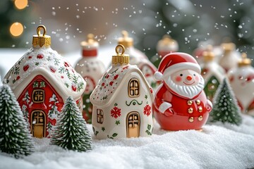 Wall Mural - Ceramic Christmas Houses with Snowmen and Red-Clothed Santa Claus on White Background Featuring Falling Snow. Festive Decor with Light Gold and Green Palette Creates a Winter Wonderland in High Resolu