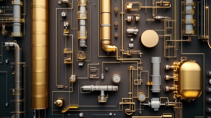 A top-down view of a modern industrial plant layout on a dark chocolate brown background