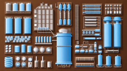 A top-down view of a modern industrial plant layout on a dark chocolate brown background