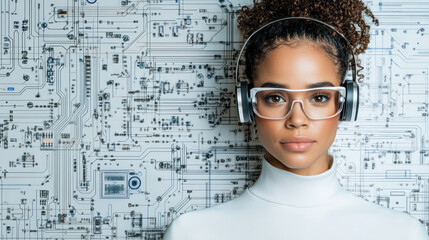 Wall Mural - woman with curly hair wearing glasses and headphones against tech background