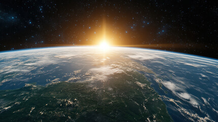 Wall Mural - breathtaking view of Earth from space, showcasing sunrise over horizon