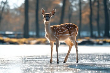 Poster - Beautiful spotted deer standing gracefully on frozen lake in tranquil forest setting during winter morning light