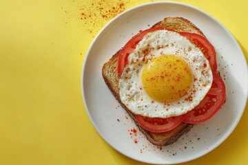 Wall Mural - close-up of an egg and tomato on toast sandwich, placed against the edge of a white plate with some sprinkled cayenne pepper on it, all set against a vibrant yellow background