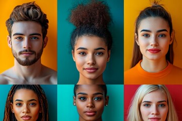 Diverse group of young adults showcasing unique styles in vibrant colors against contrasting backgrounds