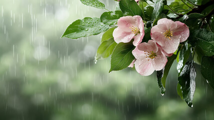 Wall Mural - Delicate pink flowers glisten with raindrops on lush green leaves