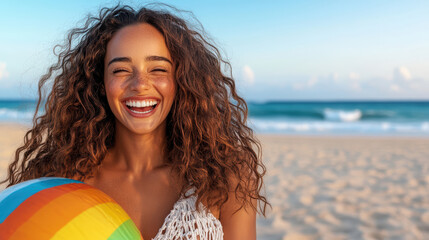 Wall Mural - Happy woman laughing with beach ball on sunny beach