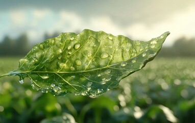 Wall Mural - Crisp green lettuce leaf with dewdrops, hovering over a softly blurred farm background