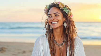 Wall Mural - Smiling woman with flower crown on beach at sunset, radiating joy