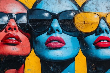 Aufkleber - Colorful mural depicting three stylized faces with vibrant sunglasses against a bright yellow background