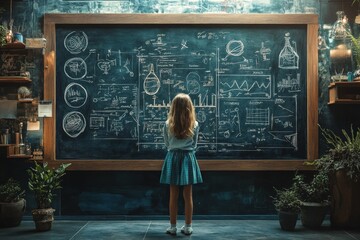 Poster - Young girl observes detailed chalkboard filled with complex scientific diagrams in a creative learning environment