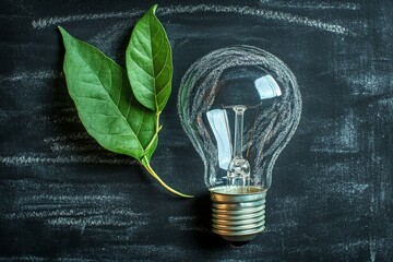 Poster - Innovative concept of nature and technology represented by a light bulb and green leaves on a chalkboard background