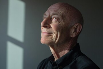 Poster - Elderly man gazing thoughtfully towards sunlight streaming through a window in a serene indoor setting