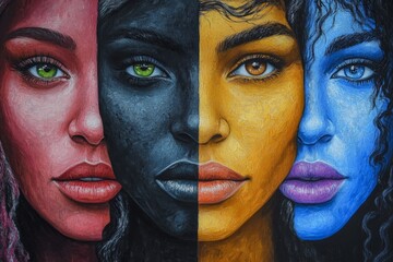 Aufkleber - Diverse faces in vibrant mural showcasing beauty and unity in urban art