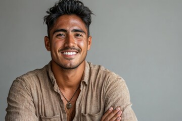 Young man smiling confidently while wearing a casual shirt in a neutral indoor setting