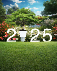 Wall Mural - Big tree on soil with light bulb and 2025 letter on green grass over beautiful colourful flowers blooming field on mountain, Happy new year 2025 ecology saving power and energy concept