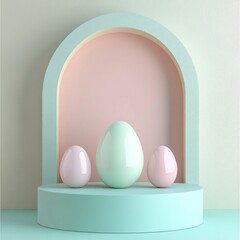 Aufkleber - Soft pastel-colored eggs are artfully arranged on a minimalist podium, creating a tranquil atmosphere perfect for showcasing seasonal delights. The gentle hues evoke a sense of joy and celebration