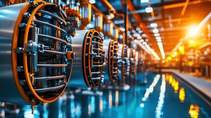 Poster - futuristic industrial factory pipeline network with glowing equipment and machinery in the night