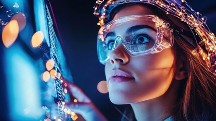 Poster - futuristic woman in augmented reality headset exploring digital innovation and technology concepts