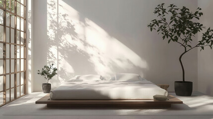 Poster - Minimalist Bedroom Design with White Walls and Low Wooden Platform Bed Surrounded by Greenery