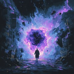 Wall Mural - Figure walking toward a glowing anomaly in a ruined city