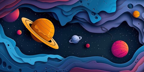 Wall Mural - paper craft nursery theme deep space with planets, stars with paper layers