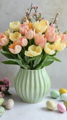 Poster - A lovely arrangement showcases pastel tulips in soft pink and yellow, bringing warmth to a spring gathering. Delicate blossoms and colorful eggs enhance the festive charm of the moment