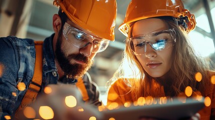 Poster - Two construction workers collaborating on engineering plans at an industrial site