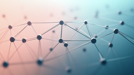 Fototapete - Abstract 3D rendering of interconnected spheres and lines against a soft pink and blue gradient background, concept for network technology, communication, connection, and global network visualization