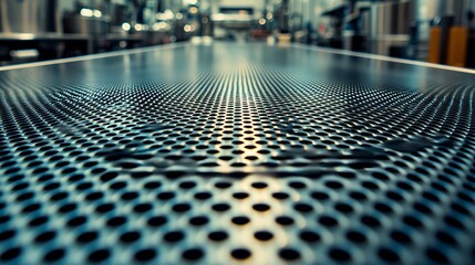 Poster - Factory conveyor belt, metal mesh surface, industrial background, manufacturing process