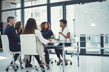 Aufkleber - Meeting, whiteboard and business people in office for planning company profit growth with investment. Discussion, research and team of financial advisors with investor for revenue feedback together.