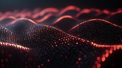 Fototapete - Abstract glowing red particles forming wavy lines on dark background, concept for technology, digital, network, and data visualization