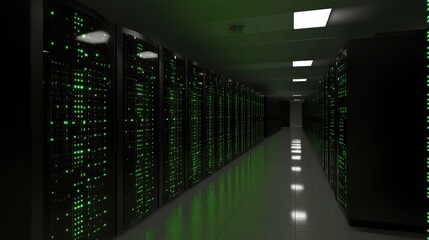 Poster - A D render of data servers in a high-security facility, with digital links showing connectivity.