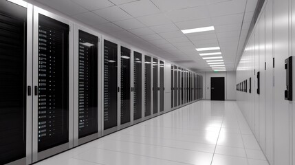 Poster - A D render of data servers in a high-security facility, with digital links showing connectivity.