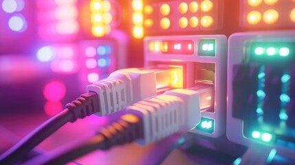 Poster - A close-up of Ethernet cables plugged into a glowing digital network switch.
