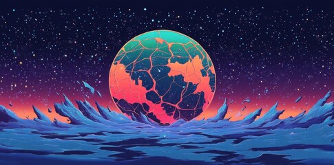 Wall Mural - A surreal cracked planet rises above an alien landscape