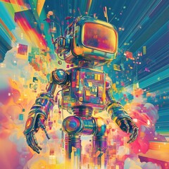 Poster - Shiny vibrant robot with a television head stands in a city