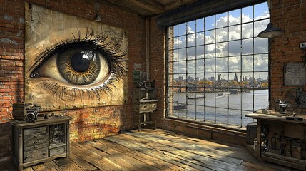 Poster - Giant eye art in loft, city view, workshop