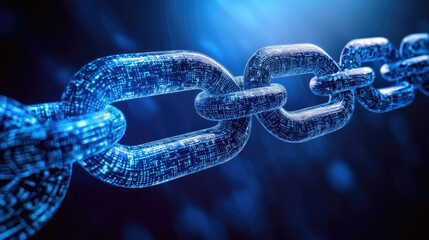 Poster - A futuristic interface displaying blockchain transactions linked across a digital landscape.