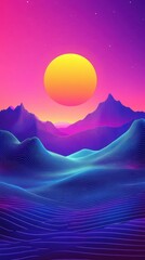 Poster - Abstract sunset landscape with mountains and synthwave aesthetic style