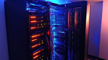 Poster - A high-tech server room with illuminated network cables and data flow visualizations.