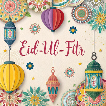 A bright and festive scene featuring multicolored decorations for Eid