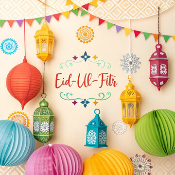 A bright and festive scene featuring multicolored decorations for Eid