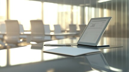 Poster - A modern office space with a glass table, a tablet showing business insights, and an open notebook.