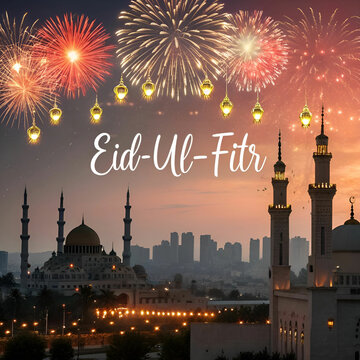 A dynamic scene of a city with mosques, colorful lights, and festive decorations Eid