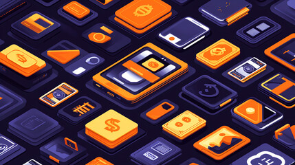 Poster - Digital app icons display modern workspace graphic design dark background aesthetic view technology concept