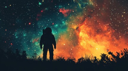 Wall Mural - astronaut silhouette standing in tall grass gazing at nebula
