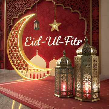 A bold red and gold-themed image with large decorative elements for Eid