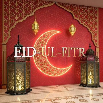 A bold red and gold-themed image with large decorative elements for Eid