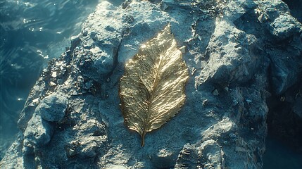 Aufkleber - Golden leaf rests on rocks near water; nature, luxury concept