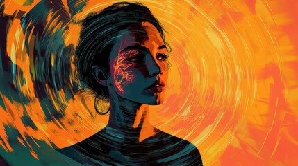 Wall Mural - Woman gazes into distance with orange glow and dark lines